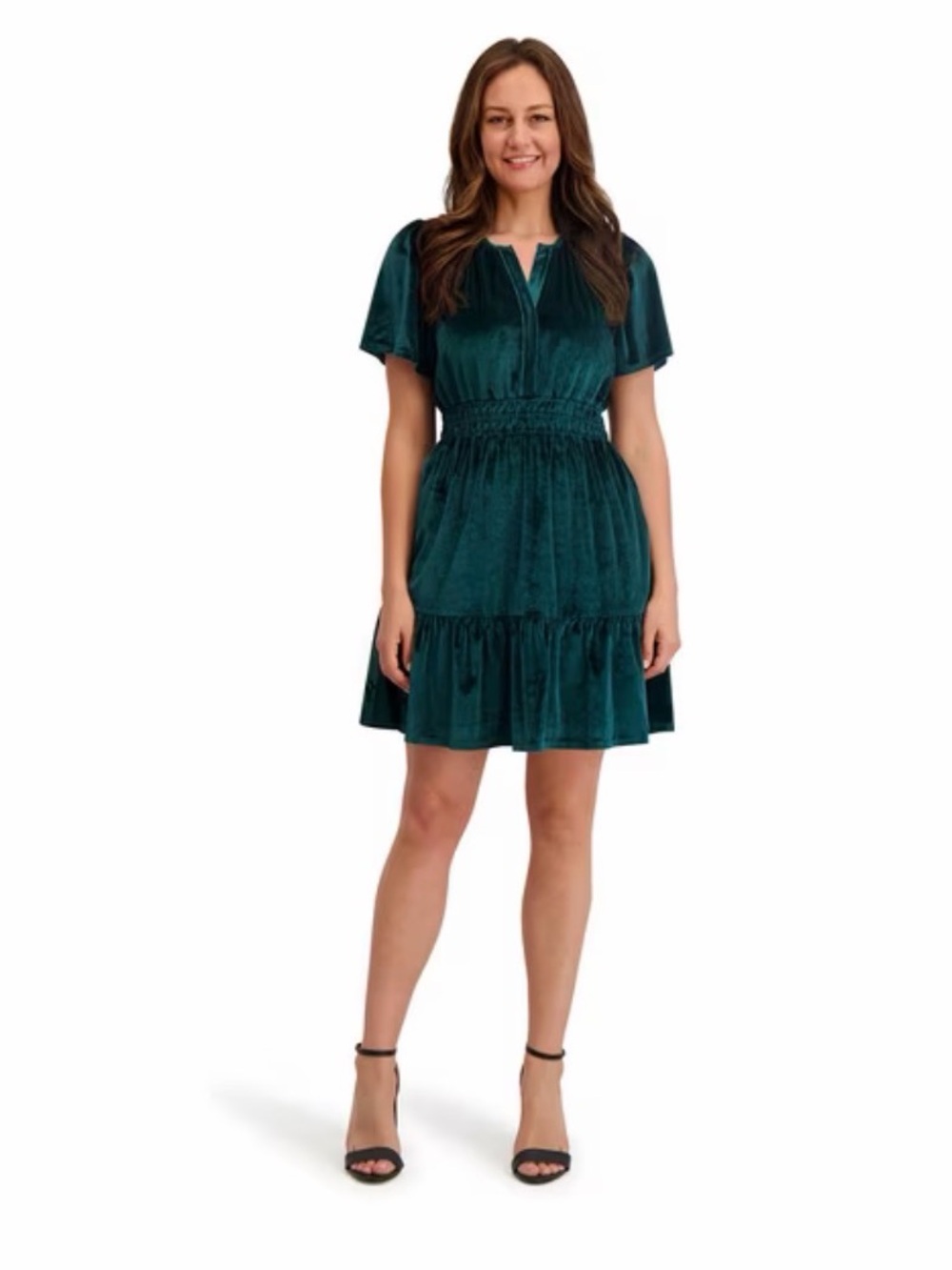 French Connection Emerald Green Velvet Tiered Mi ni Dress size XXL